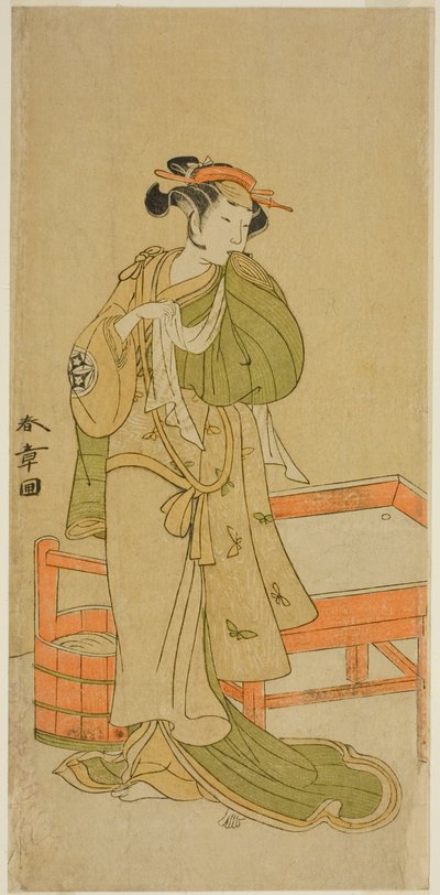 Herec Yamashita Kinsaku II jako Moshio ve hře Izu-goyomi Shibai no Ganjitsu, hrál v divadle Morita v jedenáctém měsíci, 1772 od Katsukawa Shunsho