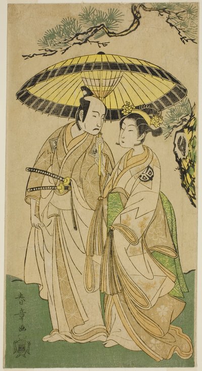 Herci Arashi Hinaji I (vpravo) a Ichikawa Komazo II (vlevo), jako princezna Sakura (Sakura Hime) (?) a Shimizu Tonoinosuke (?), ve hře Play Soga Moyo Aigo no Wakamatsu (?), Vystoupení v Nakamura Divadlo (?) ve třetím měsíci, 1769 (?) od Katsukawa Shunsho
