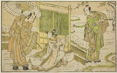 Herci Arashi Sangoro II jako Minamoto no Yoritomo (vpravo), Segawa Kikunojo II jako Yuki Onna (uprostřed) a Ichimura Uzaemon IX jako Kajiwara Genta no Kagetoki ve hře Play Myoto-giku Izu no Kisewata v divadle Ichimura v Jedenáctý měsíc, od Katsukawa Shunsho