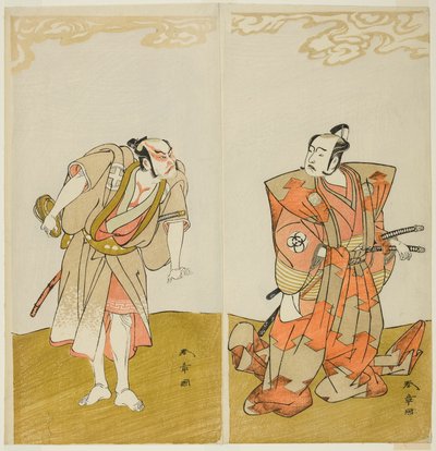 Herci Bando Mitsugoro I jako Hata no Kawakatsu (vpravo) a Otani Hiroemon III jako sluha (Yakko) Gansuke (vlevo) ve hře Miya-bashira Iwao no Butai (Sloupy svatyně na kamenné základně), představení v Moritě Divadlo z patnáctého dne t. zv od Katsukawa Shunsho