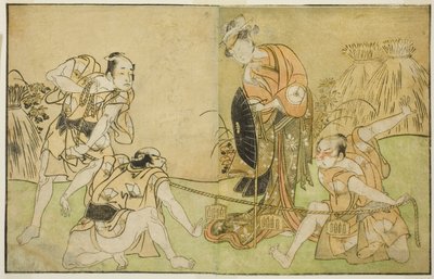 Herci Bando Zenji I jako Nagahashi Saburo, Iwai Hanshiro IV jako Otatsu-gitsune, Nakamura Konozo jako Hagai Ujitsune a Neznámý herec (zprava doleva) ve hře Play Nue no Mori Ichiyo no Mato v divadle Nakamura v Jedenáctý měsíc, od Katsukawa Shunsho