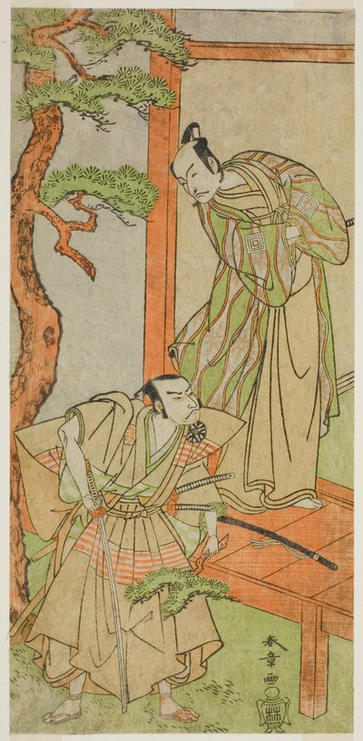 Herci Ichikawa Danjuro V jako Momonoi Wakasanosuke (vpravo) a Nakamura Nakazo I jako Kakogawa Honzo (vlevo) ve hře Kanadehon Chushingura, představení v divadle Nakamura v pátém měsíci, 1771 od Katsukawa Shunsho