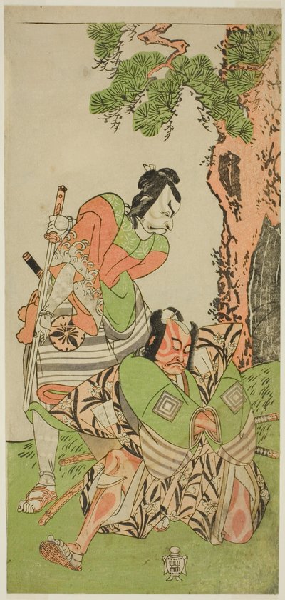 Herci Ichikawa Danzo III jako já no Hayata Tadazumi (vpravo) a Matsumoto Koshiro II jako Osada no Taro Kagemune v přestrojení za Yatsurugi Zaemon (vlevo), ve hře Play Nue no Mori Ichiyo no Mato v jedenáctém měsíci v divadle Nakamura , 1770 od Katsukawa Shunsho