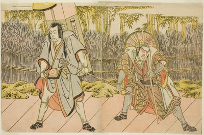 Herci Ichikawa Danzo IV jako Arakawa Taro Takesada v přestrojení za nositele Palanquin Tarobei (vpravo) a Ichikawa Danjuro V jako Abe no Sadato v přestrojení za poutníka Kuriyagawa Jirodayu (vlevo), ve hře Godai Genji Mitsugi no Furisode, představení v od Katsukawa Shunsho