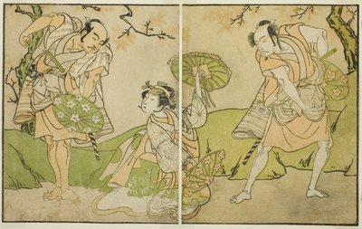 Herci Ichikawa Somegoro (vpravo), Segawa Kikunojo II (uprostřed) a Bando Sampachi (vlevo) v Neidentifikovaných rolích ve hře Myoto-giku Izu no Kisewata, představení v divadle Ichimura v jedenáctém měsíci, 1770 od Katsukawa Shunsho
