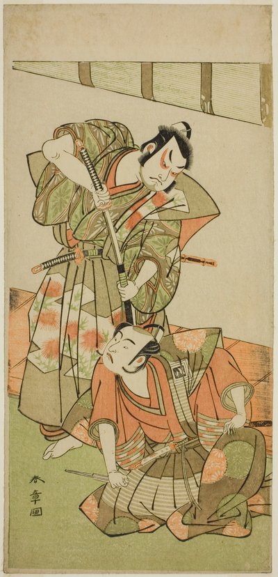 Herci Ichikawa Yaozo II jako Konoshita Hyokichi (?) (vpravo) a Sakata Hangoro II jako Matsunaga Daizen Hisahide (?) (vlevo), ve hře Play Gion Sairei Shinko Ki (?), vystupovali v divadle Ichimura (?) v roce Pátý měsíc, 1775 (?) od Katsukawa Shunsho