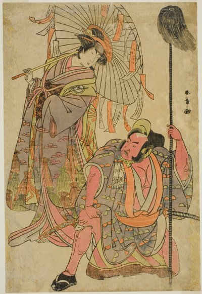 Herci Ichimura Uzaemon IX jako Hata no Daizen Taketora v přestrojení za Yakko Matahei (vpravo) a Iwai Hanshiro IV jako Umegae v přestrojení za věštce básní Omatsu (vlevo), ve hře Mukashi Otoko Yuki no Hinagata, představení v divadle Ichimura v t od Katsukawa Shunsho