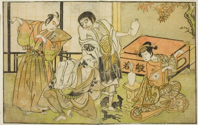 Herci Iwai Hanshiro IV jako Otatsu-gitsune, Nakamura Nakazo I jako Raigo Ajari, Sakata Tojuro III jako Kamada Gon-no-kami Masayori a Ichikawa Yaozo II jako Sakon-gitsune (zprava doleva), ve hře „Nue no Mori Ichiyo no Mato,“ vystoupil na Nakamura T od Katsukawa Shunsho
