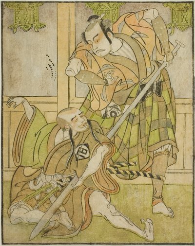 Kasaya Matakuro II jako Nobuyori převlečený za Yakko Gunnai (vpravo) a Miyazaki Hachizo jako laický mnich Hambyo Nyudo (vlevo) ve hře Nue no Mori Ichiyo no Mato, uvedené v divadle Nakamura v jedenáctém měsíci, od Katsukawa Shunsho