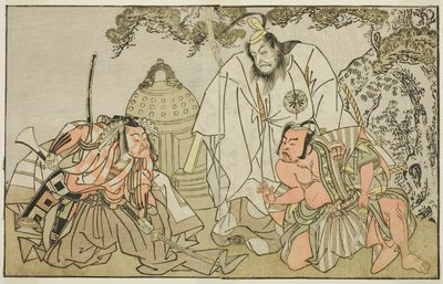Herci Nakajima Mihoemon II jako Aramaki Mimishiro (vpravo), Matsumoto Koshiro II jako Otomo no Yamanushi (uprostřed) a Ichikawa Danzo III jako Hannya no Goro (vlevo), ve hře Kuni no Hana Ono no Itsumoji v divadle Nakamura v Jedenáctém od Katsukawa Shunsho