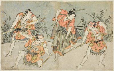 Herci Nakamura Kashiwagi jako Wakashu (druhý zprava) a tři neidentifikovaní herci jako Yakko od Katsukawa Shunsho