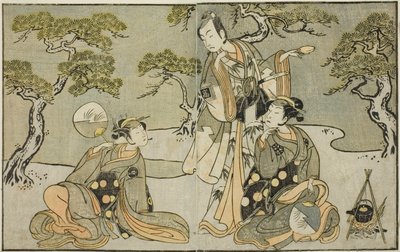 Herci Nakamura Nakazo I jako Matsukaze (vpravo), Ichikawa Komazo II jako Ariwara no Yukihira (uprostřed) a Iwai Hanshiro IV jako Murasame (vlevo), ve hře Kuni no Hana Ono no Itsumoji v divadle Nakamura v jedenáctém Měsíc, 1771 od Katsukawa Shunsho