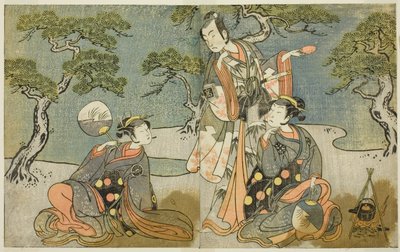 Herci Nakamura Nakazo I jako Matsukaze (vpravo), Ichikawa Komazo II jako Ariwara no Yukihira (uprostřed) a Iwai Hanshiro IV jako Murasame (vlevo), ve hře Kuni no Hana Ono no Itsumoji v divadle Nakamura v jedenáctém Měsíc, 1771 od Katsukawa Shunsho