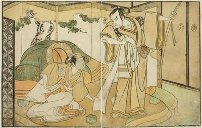 Herci Nakamura Nakazo I jako Taira no Kiyomori (vpravo) a Yamashita Kinsaku II jako Tokiwa Gozen (vlevo) ve hře Play Nue no Mori Ichiyo no Mato, představení v divadle Nakamura v jedenáctém měsíci, 1770 od Katsukawa Shunsho