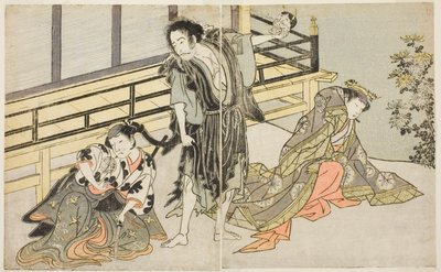 Herci Nakamura Noshio I jako Nyosan no Miya (vpravo), Ichikawa Danjuro V jako renegátský mnich Yochin (uprostřed) a Yamashita Kinsaku II jako služka Mutsuhana (vlevo), ve hře Fuki Kaete Tsukimo Yoshiwara, představení v divadle Morita v jedenáctce od Katsukawa Shunsho