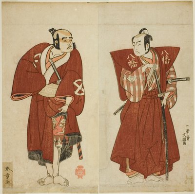 Herci Onoe Matsusuke I jako Yawata no Saburo (vpravo) a Otani Tomoemon I jako Yakko Emohei (vlevo) ve hře Myoto-giku Izu no Kisewata, představení v divadle Ichimura v jedenáctém měsíci, 1770 od Katsukawa Shunsho