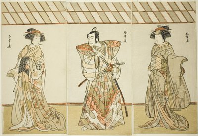 Herci Onoe Tamizo I jako Nishikigi (?) nebo Otae (?) (vpravo), Ichikawa Danjuro V jako Miura Heidayu Kunitae (?) (uprostřed) a Osagawa Tsuneyo II jako Oyuki (?) (vlevo), v Datum hry Nishiki Tsui no Yumitori (?), Vystoupení v divadle Morita (?) v E od Katsukawa Shunsho