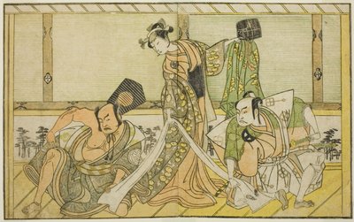 Herci Otani Hiroji III jako Kawazu no Saburo (vpravo), Segawa Kikunojo II jako princezna Tatsu (Tatsu Hime) (uprostřed) a Nakamura Sukegoro II jako Matano no Goro (vlevo), ve hře Myoto-giku Izu no Kisewata, hrají v divadle Ichimura v jedenácti od Katsukawa Shunsho