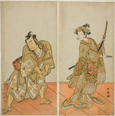The Actors Segawa Kikunojo III as Aigo no Waka (right), and Ichikawa Yaozo II as Hachio-maru Aratora (left), in the Play Chigo Sakura Jusan Kane, Performed at the Ichimura Theater in the Eleventh Month, 1774 od Katsukawa Shunsho