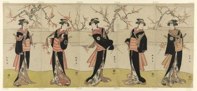Herci Segawa Kikunojo III jako Karigane Obun, Nakayama Tomisaburo I jako An no Oyasu, Iwai Kiyotaro II jako Kaminari no Osha, Nakayama Tatezo I jako Gokuin no Osen a Ichikawa Monnosuke II jako Hotei no Oichi (zprava doleva) ve filmu Gonin Onna," scéna jedn od Katsukawa Shunsho