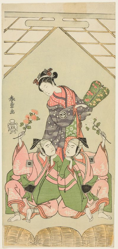 Herci Segawa Kikunojo II jako Mokrá sestra Reizei, Ichikawa Komazo I jako Suruga no Hachiro v masce hráče Shamisen Kichiroku (vpravo) a Ichikawa Yaozo II jako Tada no Kurando v masce nositele Palanquin Kichinai (vlevo), ve scéně od Katsukawa Shunsho