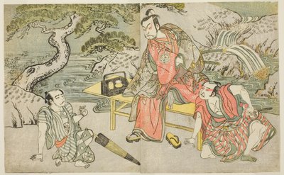 Herci Tomizawa Hanzaburo II jako Nagoya Sanzaemon (často nazývaný Sanza) (vpravo), Nakamura Juzo II jako Fuwa Banzaemon (uprostřed) a Neznámý herec jako kapsář Matsumoto Daishichi (vlevo) ve hře Fuki Kaete Tsukimo Yoshiwara od Katsukawa Shunsho