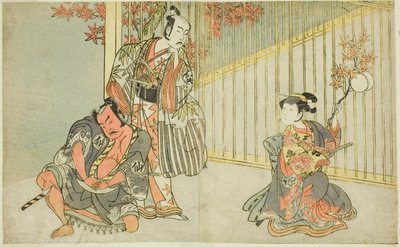 Herci Yamashita Kinsaku II jako Mutsuhana (vpravo), Bando Mitsugoro I jako Kashiwagi no Emon (uprostřed) a Nakamura Sukegoro II jako Akamatsu Mushanosuke (vlevo) ve hře Fuki Kaete Tsukimo Yoshiwara (Rethched Roof: The Moon also Shines Over) Yoshiw od Katsukawa Shunsho