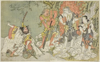 Hra Fuki Kaete Tsuki mo Yoshiwara (Rethatched Roof: The Moon also Shines Over the Yoshiwara Pleasure District), uvedená v divadle Morita v jedenáctém měsíci, asi 1771-72 (dřevoryt) od Katsukawa Shunsho