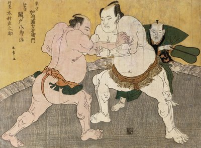 Wrestling Match mezi Kimenzan Tanigoro a Edogasaki Gemji (barevný dřevotisk) od Katsukawa Shunsho