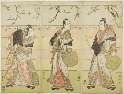 Tři Komuso mniši: Herci Ichikawa Ebizo (Danjuro V) jako Kudo Suketsune (vpravo), Ichikawa Monnosuke II jako Soga no Juro Sukenari (uprostřed) a Ichikawa Omezo I jako Soga no Goro Tokimune (vlevo), v šestém dějství hry Waka Murasaki Edokko Soga (bledě fialo od Katsukawa Shunsho