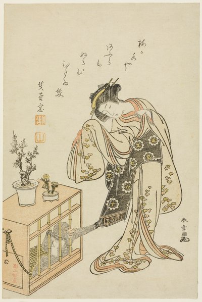 Mladá žena s opicí v kleci (Tisk kalendáře na Nový rok 1776) od Katsukawa Shunsho