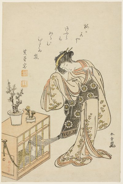 Mladá žena s opicí v kleci (kalendářní tisk na Nový rok 1776) od Katsukawa Shunsho