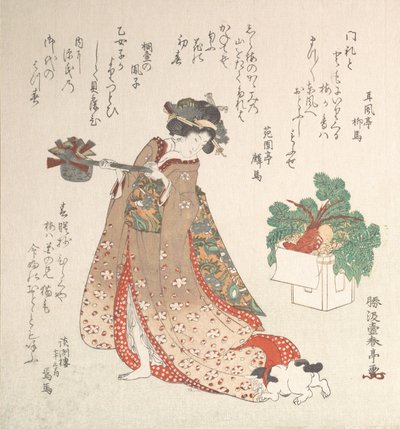 Mladá žena nesoucí hrnec vína na novoroční obřad, ca. 1815. od Katsukawa Shuntei