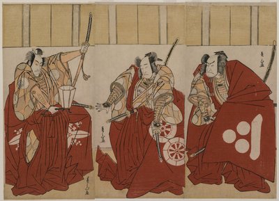 Ichikawa Monnosuke II jako Urabe Suetake, Onoe Matsusuke I jako Usui Sadamitsu a Nakamura Nakazo I jako Watanabe no Tsuna ve filmu Čtyři nebeští králové v kostýmu Noční hlídky od Katsukawa Shunzan