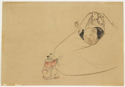 Hotei nabízí planoucí drahokam malému chlapci, c.1850 (inkoust a barva na papíře) od Katsushika (school of) Hokusai