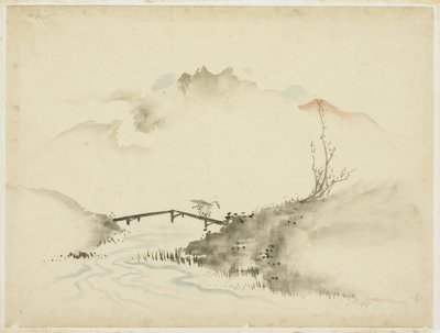 Krajina s Farmer Crossing Bridge, 1615-1868 (inkoust a barva na papíře) od Katsushika (school of) Hokusai