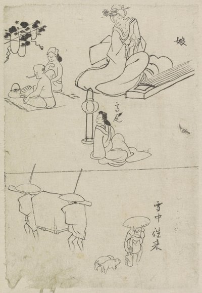 Různá vystoupení včetně dámy s koto, sedící dámy a dvou mužů od After Katsushika Hokusai