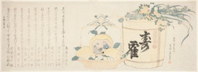 Soudek saké a košík pomerančů od Katsushika Hokusai