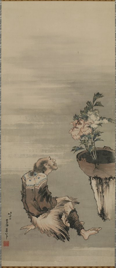 Sedící muž při pohledu na pivoňky v květináči, období Edo (inkoust a barva na papíře) od Katsushika Hokusai