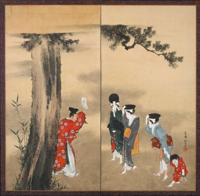 Šintoistický kněz, tři ženy a dítě, období Edo, kolem roku 1799 (inkoust, zlato a barva na papíře) od Katsushika Hokusai