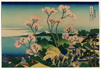 Skupina Japonců pod třešněmi v době květu, v Shinagawa, Tokaido Road, Japonsko, s výhledem na horu Fuji v dálce od Katsushika Hokusai