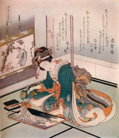 Žena, která vyrábí miniaturní model hory Fuji, c1823. od Katsushika Hokusai