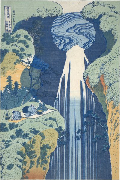 Vodopád Amida hluboko v dálce na silnici Kiso, ze série „Prohlídka vodopádů v různých provinciích“ od Katsushika Hokusai