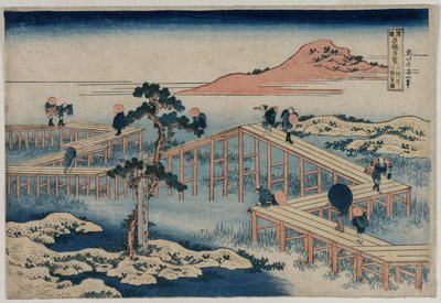 Starověký obrázek Osmidílného mostu v provincii Mikawa (ze série Podivuhodné pohledy na slavné mosty v provinciích) od Katsushika Hokusai