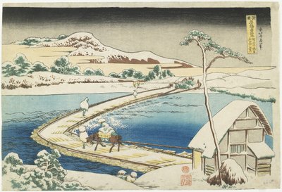 Starobylý pohled na pontonový most v Sano, provincie Ko_zuke, 1833-1834 od Katsushika Hokusai