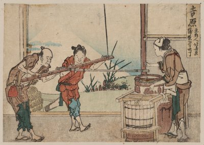 Starší muž a dva mladí učni ručně obsluhující míchací zařízení, Yoshiwara (barevný dřevotisk) od Katsushika Hokusai