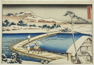 Starověký pohled na Pontonový most v Sano v provincii Kozuke (Kozuke Sano funabashi no kozu), ze série „Neobvyklé pohledy na slavné mosty v různých provinciích (Shokoku meikyo kiran)“ od Katsushika Hokusai