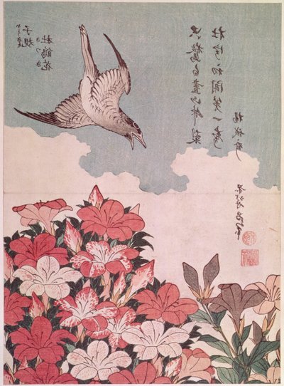 Azalky a kukačka, nakladatelství Eijudo, kolem roku 1830 (barevný dřevořez) od Katsushika Hokusai