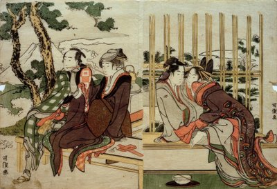 Azuma a Yogoro na starém sněhu. Koman a Yosaku při západu slunce od Katsushika Hokusai
