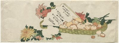 Košík s vějířem, chryzantémami a houbami, počátek 19. století. od Katsushika Hokusai
